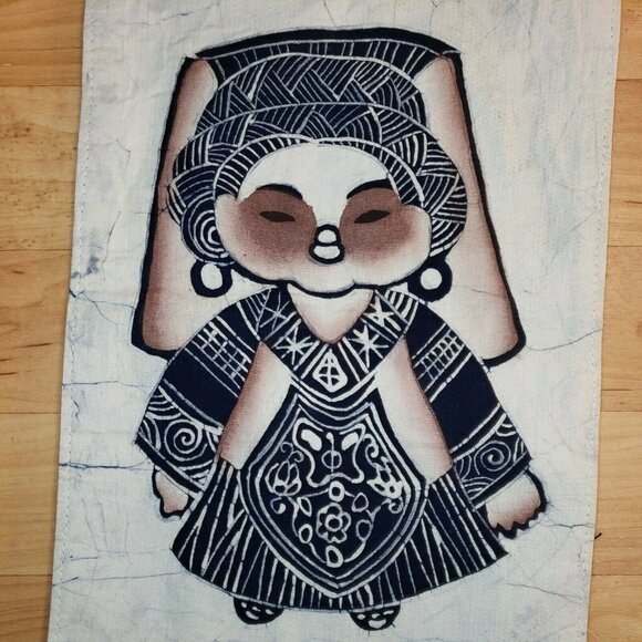 Vintage Batik Wall Hanging Pair Tapestry Bouyei Folk Art Tibetan Handmade Beaded - Picture 2 of 8